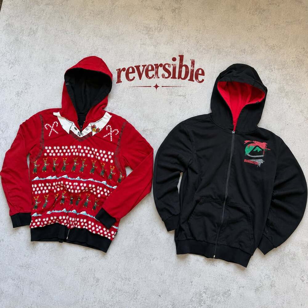 Quiksilver Reversible Christmas Hoodie Red Black Full Zip